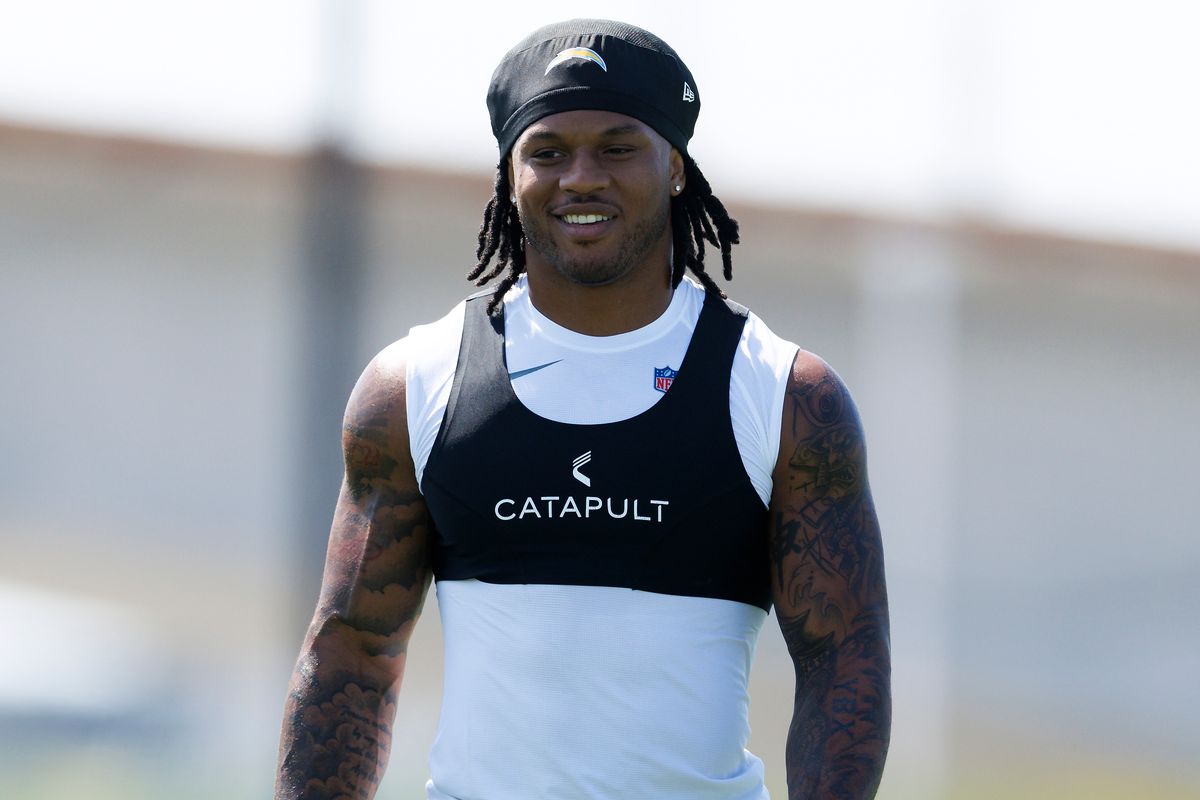 Omarion Hampton #8 of the Los Angeles Chargers walks during offseason workouts at The Bolt on April 20, 2026 in El Segundo, California. Omarion Hampton #8 of the Los Angeles Chargers walks during offseason workouts at The Bolt on April 20, 2026 in El Segundo, California.