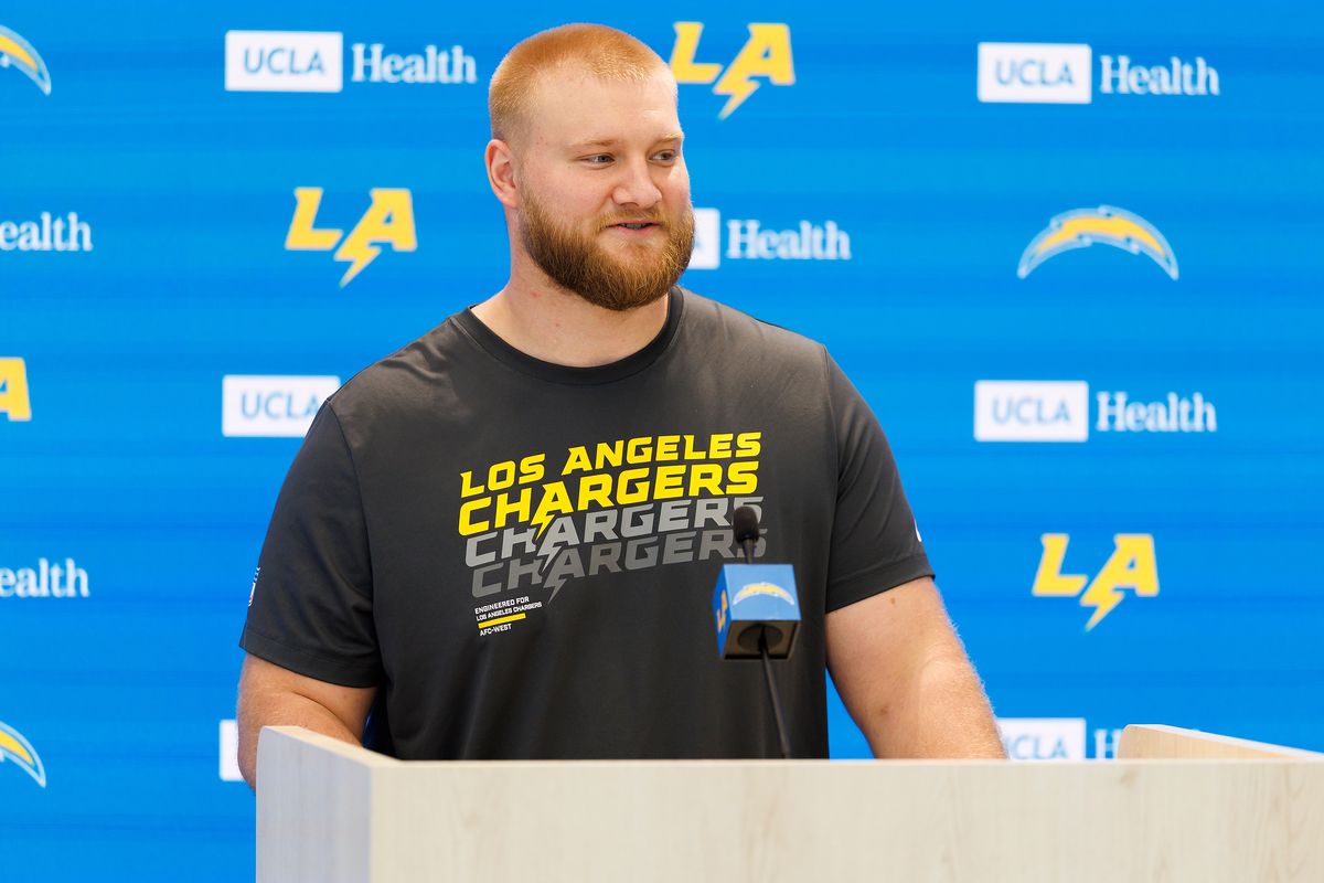 Tyler Biadasz of the Los Angeles Chargers address the media during a press conference after offseason workouts at The Bolt on April 20, 2026 in El Segundo, California. Tyler Biadasz of the Los Angeles Chargers address the media during a press conference after offseason workouts at The Bolt on April 20, 2026 in El Segundo, California.