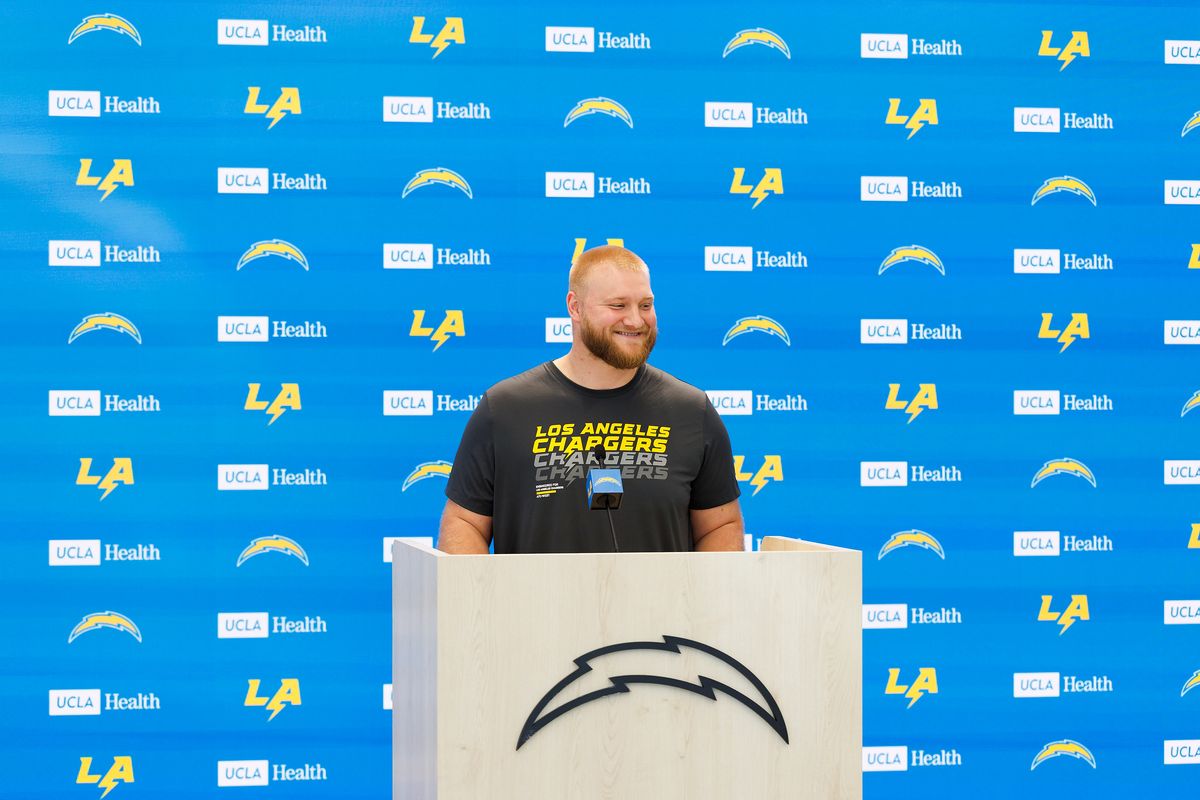 Tyler Biadasz of the Los Angeles Chargers address the media during a press conference after offseason workouts at The Bolt on April 20, 2026 in El Segundo, California. Tyler Biadasz of the Los Angeles Chargers address the media during a press conference after offseason workouts at The Bolt on April 20, 2026 in El Segundo, California.