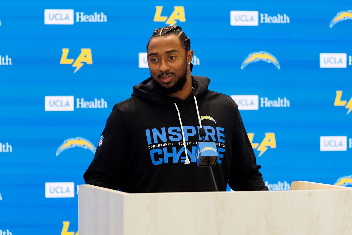 Del’Shawn Phillips of the Los Angeles Chargers addresses members of the media during a press conference after offseason workouts at The Bolt on April 20, 2026 in El Segundo, California. Del’Shawn Phillips of the Los Angeles Chargers addresses members of the media during a press conference after offseason workouts at The Bolt on April 20, 2026 in El Segundo, California.