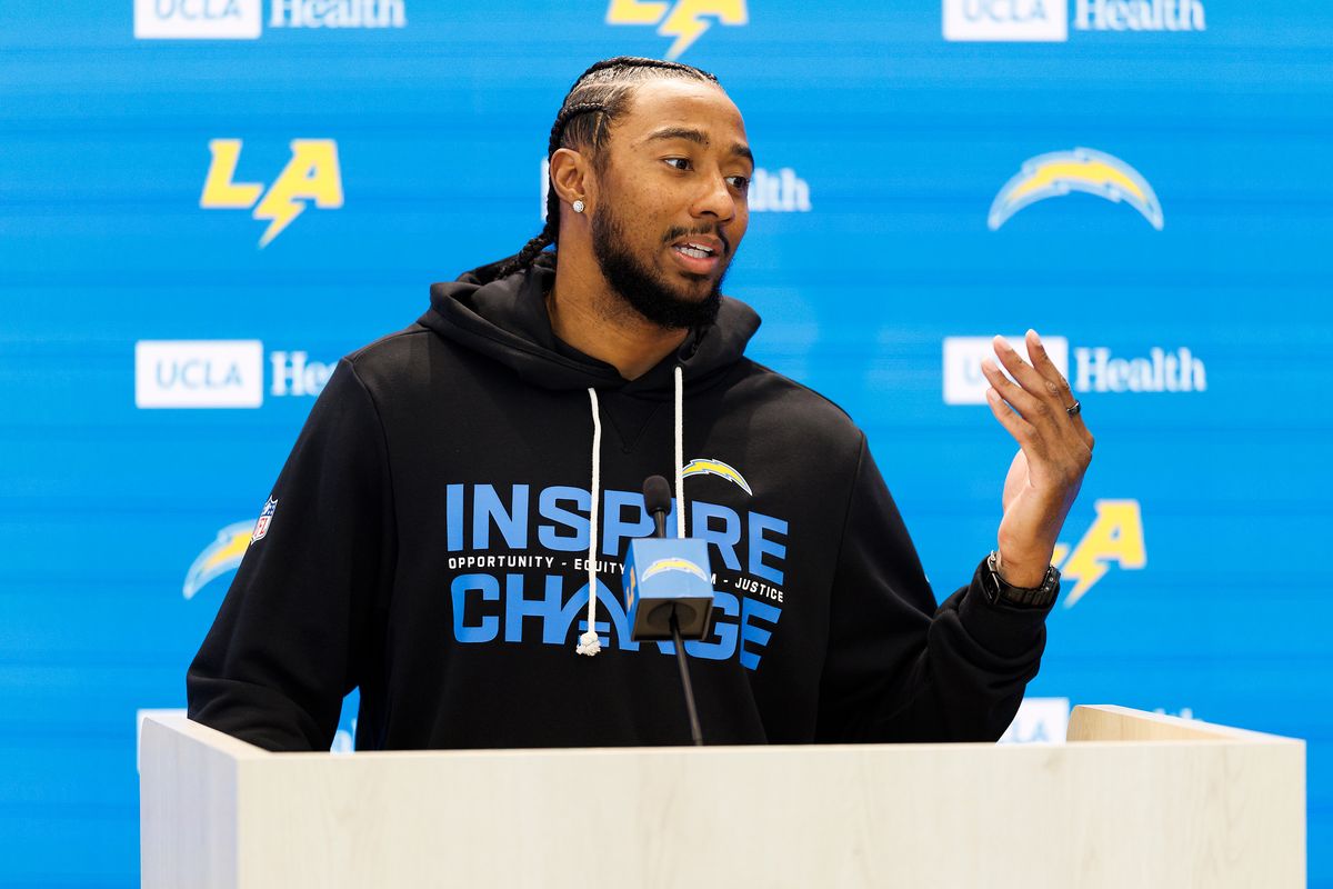 Del’Shawn Phillips of the Los Angeles Chargers addresses members of the media during a press conference after offseason workouts at The Bolt on April 20, 2026 in El Segundo, California. Del’Shawn Phillips of the Los Angeles Chargers addresses members of the media during a press conference after offseason workouts at The Bolt on April 20, 2026 in El Segundo, California.