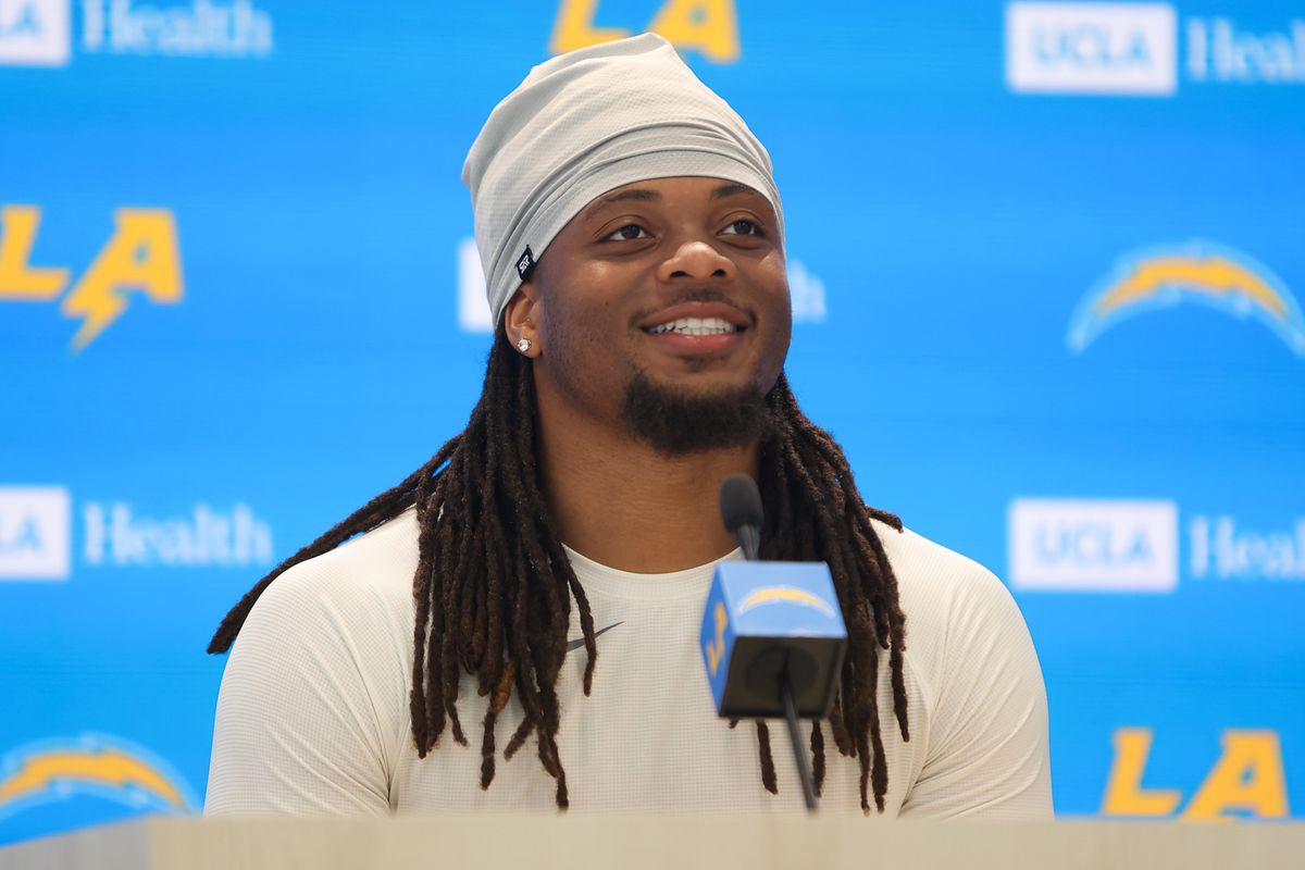 Los Angeles Chargers running back Keaton Mitchell (34) addressing the press during Chargers organized team activities on May 11th, 2026 in El Segundo, CA. Los Angeles Chargers running back Keaton Mitchell (34) addressing the press during Chargers organized team activities on May 11th, 2026 in El Segundo, CA.
