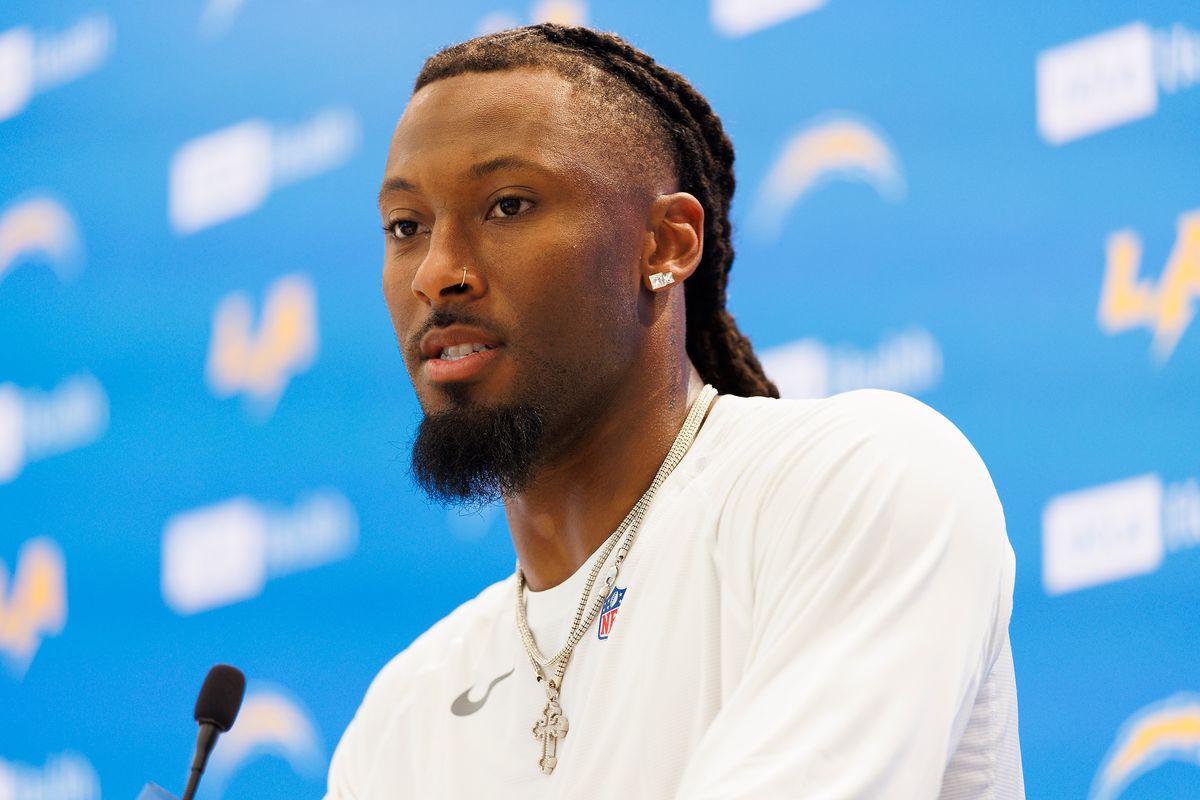 Quentin Johnson #1 of the Los Angeles Chargers speaks with members of the media after mandatory minicamp at The Bolt on June 16, 2026 in El Segundo, California. Quentin Johnson #1 of the Los Angeles Chargers speaks with members of the media after mandatory minicamp at The Bolt on June 16, 2026 in El Segundo, California.