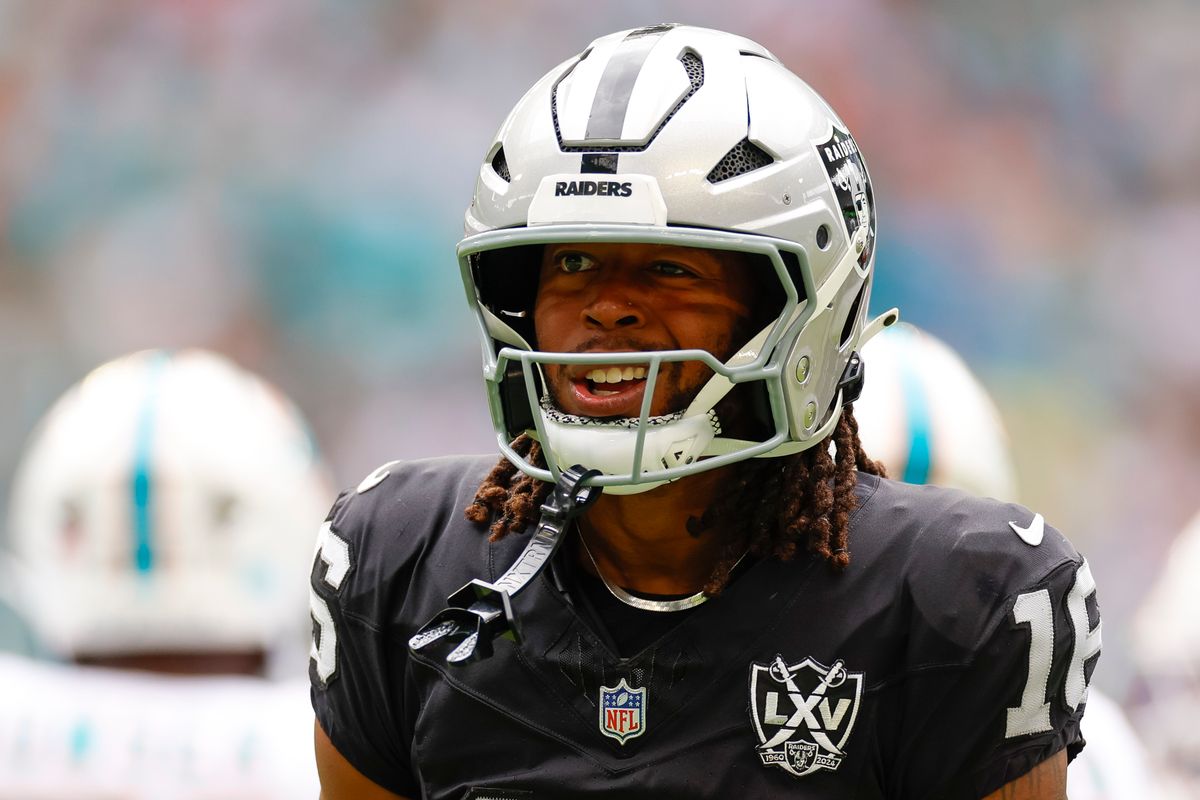 Jakobi Meyers #16 of the Las Vegas Raiders celebrates in the first half during a game against the Miami Dolphins at Hard Rock Stadium on November 17, 2024 in Miami Gardens, Florida. Jakobi Meyers #16 of the Las Vegas Raiders celebrates in the first half during a game against the Miami Dolphins at Hard Rock Stadium on November 17, 2024 in Miami Gardens, Florida.