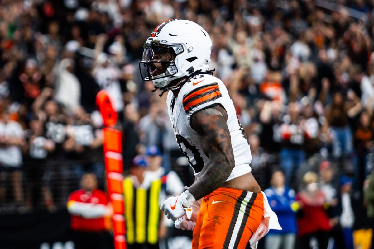 Cleveland Browns running back Quinshon Judkins (10) yells in celebration after scoring a touchdown during a NFL game between the Las Vegas Raiders and the Cleveland Browns, Sunday November 23, 2025 in Las Vegas, Nev. Cleveland Browns running back Quinshon Judkins (10) yells in celebration after scoring a touchdown during a NFL game between the Las Vegas Raiders and the Cleveland Browns, Sunday November 23, 2025 in Las Vegas, Nev.
