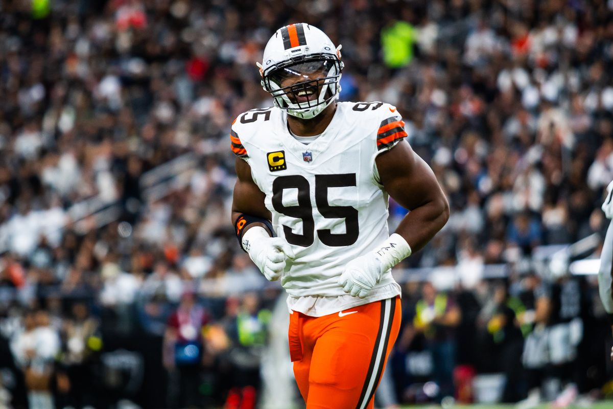 Cleveland Browns defensive end Myles Garrett (95) smiles after a defensive stop during a NFL game between the Las Vegas Raiders and the Cleveland Browns, Sunday November 23, 2025 in Las Vegas, Nev. Cleveland Browns defensive end Myles Garrett (95) smiles after a defensive stop during a NFL game between the Las Vegas Raiders and the Cleveland Browns, Sunday November 23, 2025 in Las Vegas, Nev.
