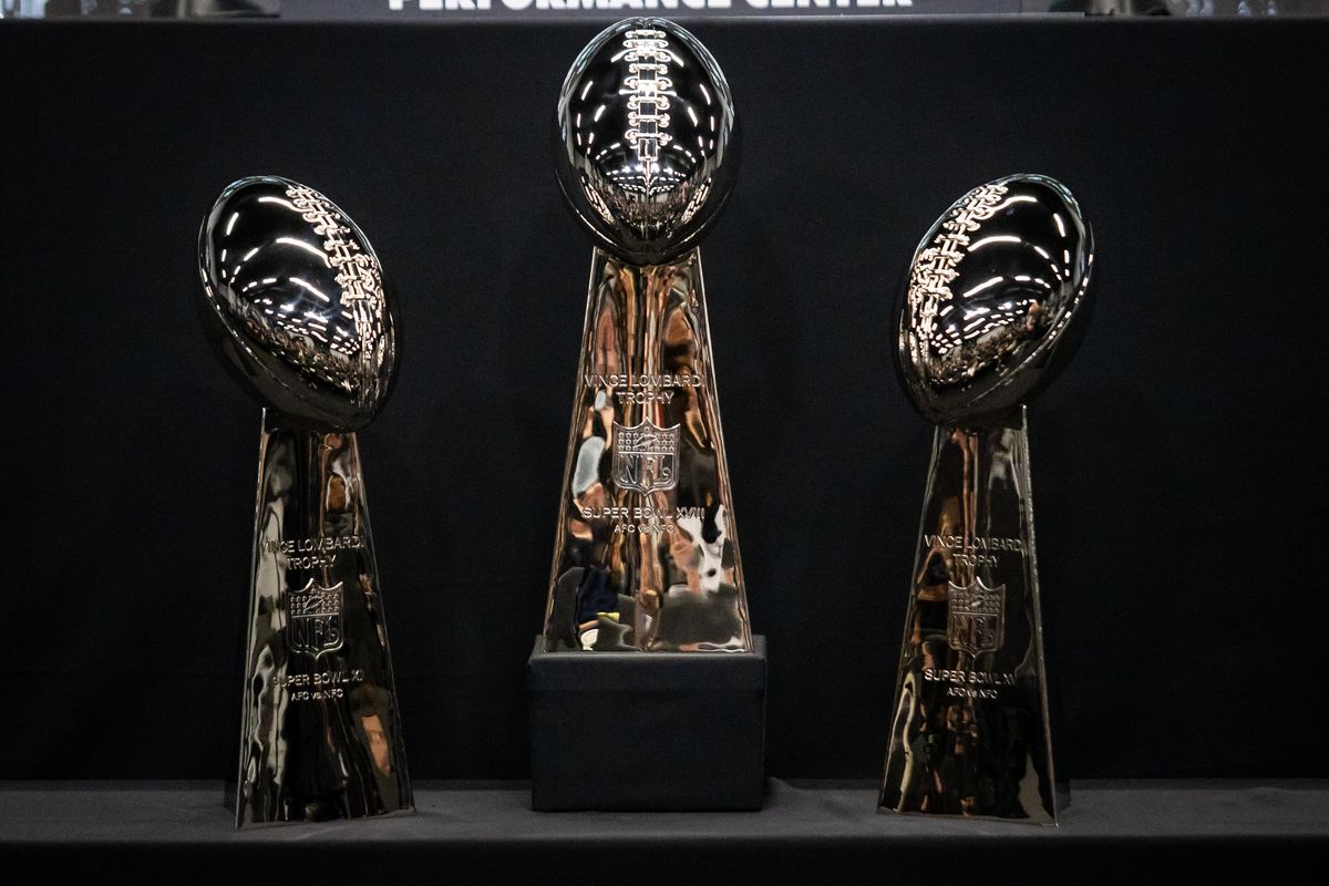 Las Vegas Raiders’ Lombardi trophies displayed during a press conference, Tuesday February 10, 2026 in Henderson, Nev. Las Vegas Raiders’ Lombardi trophies displayed during a press conference, Tuesday February 10, 2026 in Henderson, Nev.