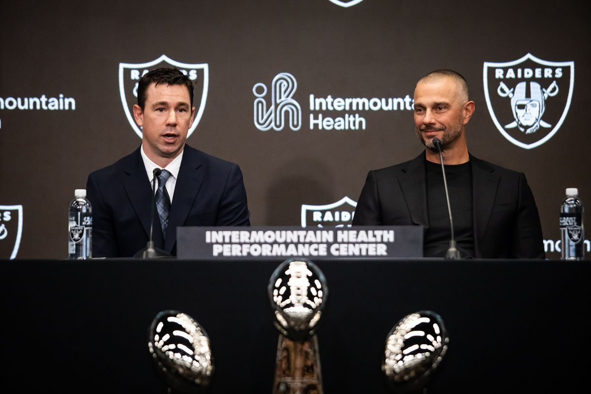 Las Vegas Raiders newly hired head coach Klint Kubiak speaks to the media beside Raiders' general manager John Spytek during a press conference, Tuesday February 10, 2026 in Henderson, Nev. Las Vegas Raiders newly hired head coach Klint Kubiak speaks to the media beside Raiders' general manager John Spytek during a press conference, Tuesday February 10, 2026 in Henderson, Nev.