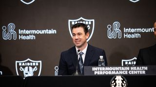 No bravado necessary for Kubiak as he's introduced as 25th coach of the Las Vegas Raiders taken at Intermountain Health Performance Center (Las Vegas Raiders). Photo by DJ Cabanlong - The Sporting Tribune 