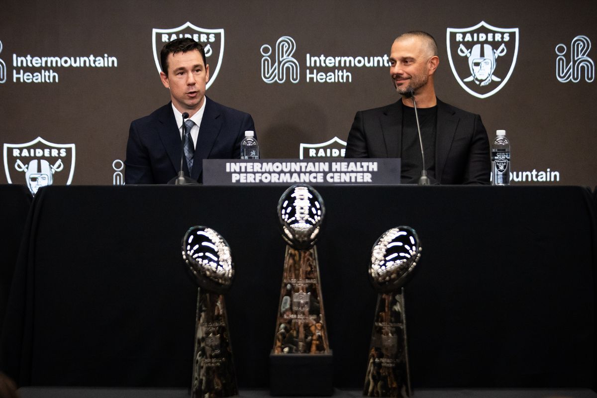 Las Vegas Raiders newly hired head coach Klint Kubiak speaks to the media beside Raiders’ general manager John Spytek during a press conference, Tuesday February 10, 2026 in Henderson, Nev. Las Vegas Raiders newly hired head coach Klint Kubiak speaks to the media beside Raiders’ general manager John Spytek during a press conference, Tuesday February 10, 2026 in Henderson, Nev.