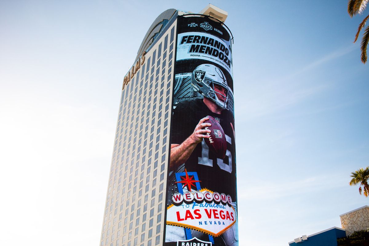 Graphic of No. 1 overall pick Fernando Mendoza in a Las Vegas Raiders uniform displayed on the side of Palms hotel during the Raiders 2026 Draft Party, Thursday April 23, 2026 in Las Vegas, Nev. Graphic of No. 1 overall pick Fernando Mendoza in a Las Vegas Raiders uniform displayed on the side of Palms hotel during the Raiders 2026 Draft Party, Thursday April 23, 2026 in Las Vegas, Nev.