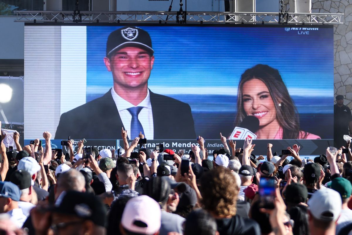 Fans cheer and raise their hands as Las Vegas Raiders No. 1 overall pick Fernando Mendoza is shown on the big screen during the Raiders 2026 Draft Party at Palms Casino Resort, Thursday April 23, 2026 in Las Vegas, Nev. Fans cheer and raise their hands as Las Vegas Raiders No. 1 overall pick Fernando Mendoza is shown on the big screen during the Raiders 2026 Draft Party at Palms Casino Resort, Thursday April 23, 2026 in Las Vegas, Nev.