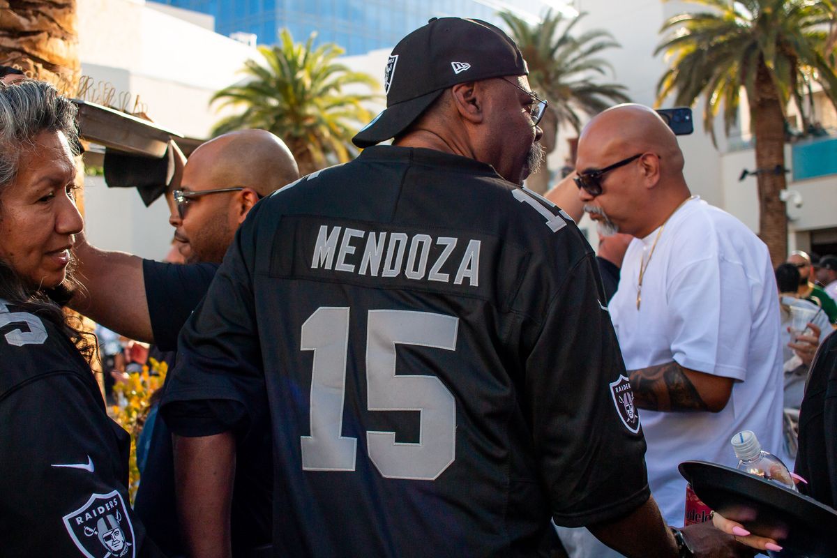 Las Vegas Raiders fan wearing a Fernando Mendoza jersey at the Raiders 2026 Draft Party, Thursday April 23, 2026 in Las Vegas, Nev. Las Vegas Raiders fan wearing a Fernando Mendoza jersey at the Raiders 2026 Draft Party, Thursday April 23, 2026 in Las Vegas, Nev.
