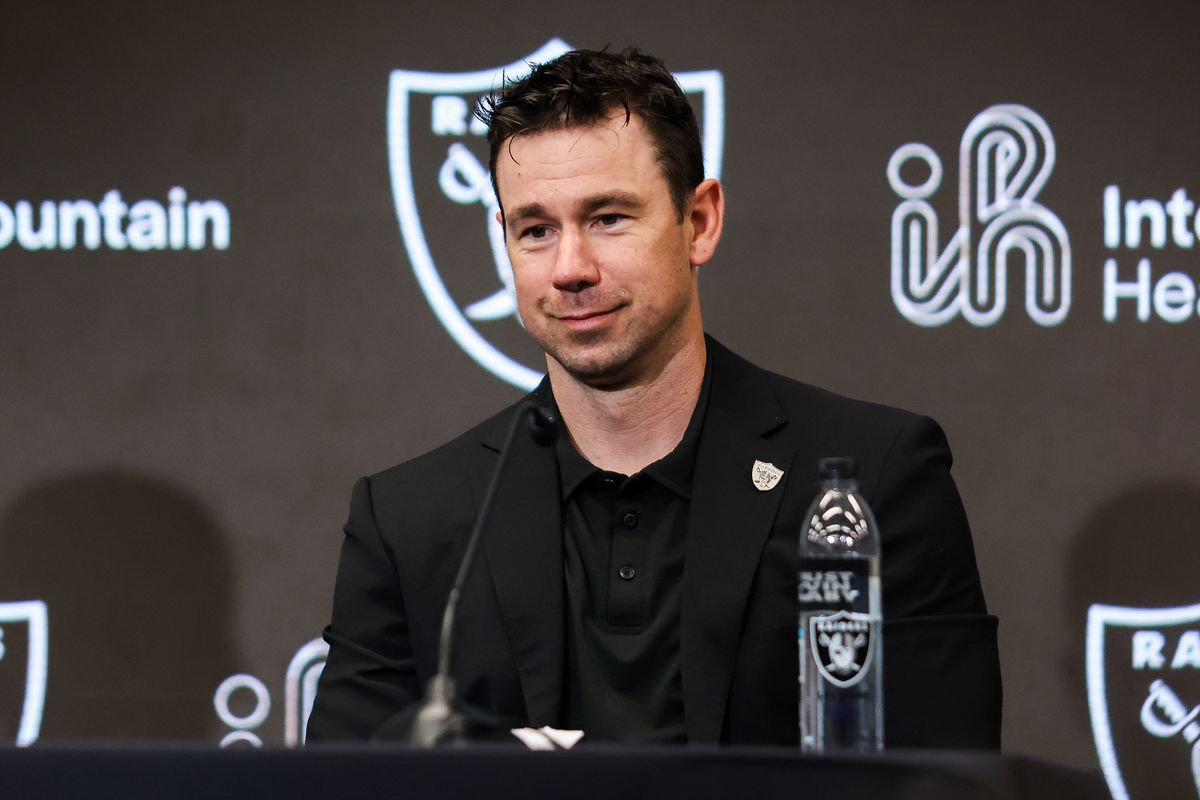 Las Vegas Raiders head coach Klint Kubiak grins during a press conference, Friday April 24, 2026 in Henderson, Nev. Las Vegas Raiders head coach Klint Kubiak grins during a press conference, Friday April 24, 2026 in Henderson, Nev.
