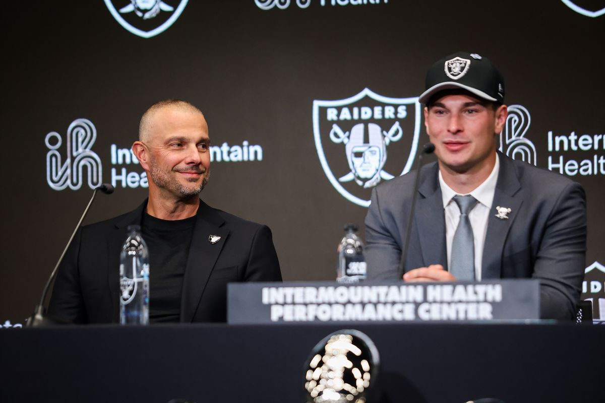 Las Vegas Raiders general manager John Spytek smiles as quarterback Fernando Mendoza answers a question during a press conference, Friday April 24, 2026 in Henderson, Nev. Las Vegas Raiders general manager John Spytek smiles as quarterback Fernando Mendoza answers a question during a press conference, Friday April 24, 2026 in Henderson, Nev.