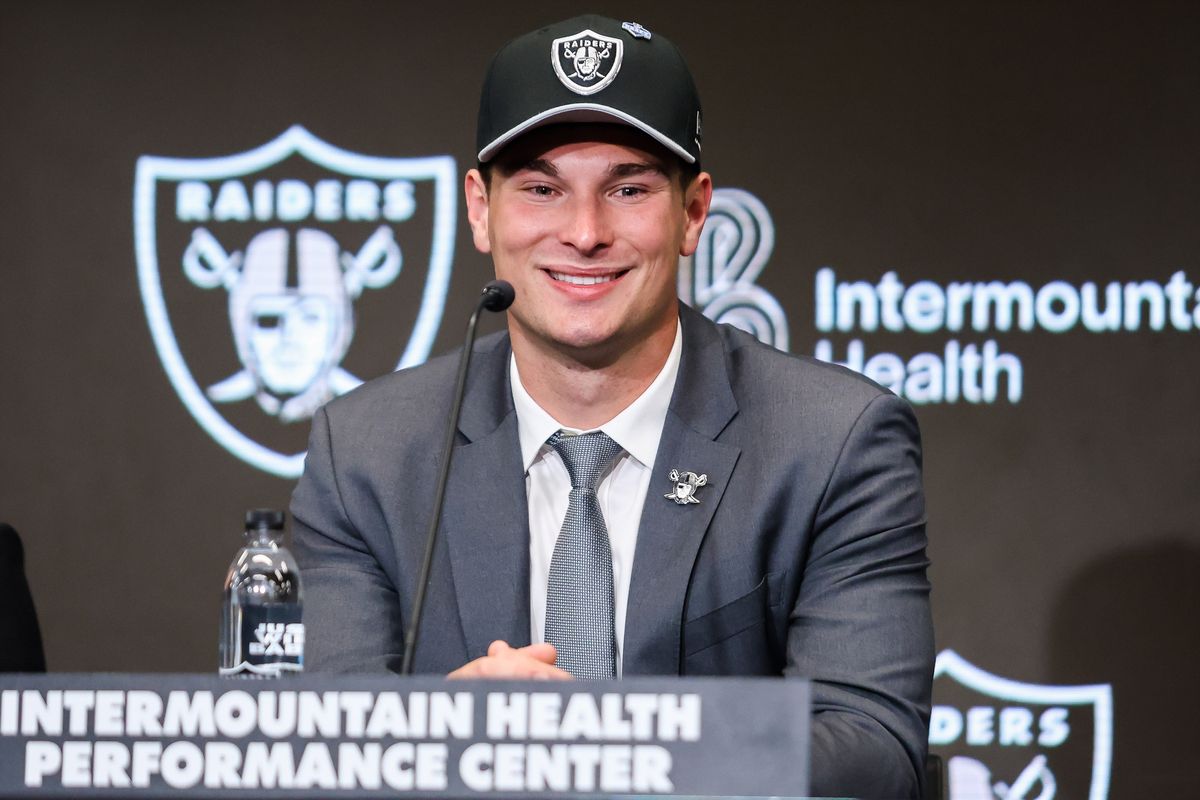 Las Vegas Raiders quarterback Fernando Mendoza smiles during a press conference, Friday April 24, 2026 in Henderson, Nev. Las Vegas Raiders quarterback Fernando Mendoza smiles during a press conference, Friday April 24, 2026 in Henderson, Nev.