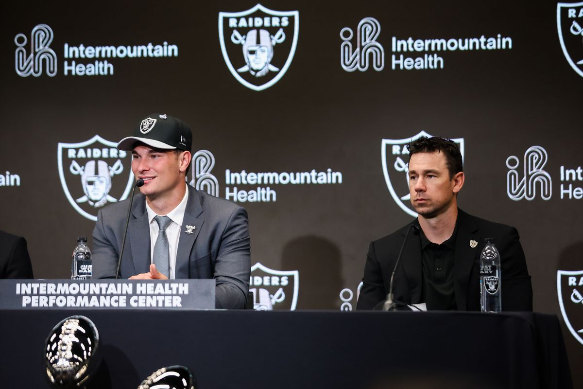 Las Vegas Raiders quarterback Fernando Mendoza and head coach Klint Kubiak listen to a question during a press conference, Friday April 24, 2026 in Henderson, Nev. Las Vegas Raiders quarterback Fernando Mendoza and head coach Klint Kubiak listen to a question during a press conference, Friday April 24, 2026 in Henderson, Nev.