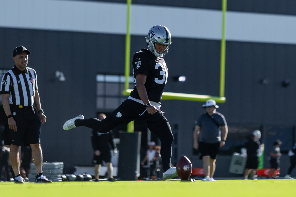 Las Vegas Raiders kicker Kansei Matsuzawa (38) kicks the ball off during Raiders Training Camp at Intermountain Health Performance Center, Friday July 31, 2026 in Henderson, Nev. Las Vegas Raiders kicker Kansei Matsuzawa (38) kicks the ball off during Raiders Training Camp at Intermountain Health Performance Center, Friday July 31, 2026 in Henderson, Nev.
