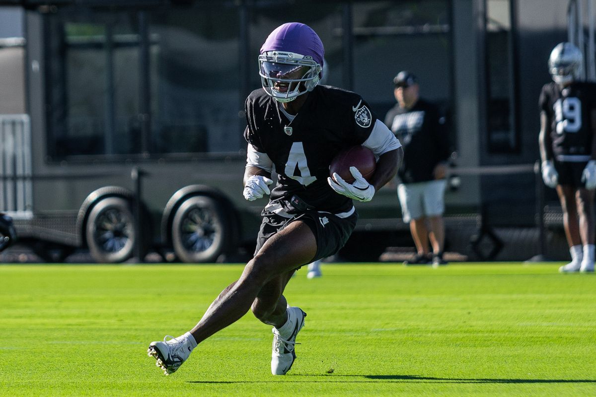 Las Vegas Raiders wide receiver Shedrick Jackson (4) runs with the ball during Raiders Training Camp at Intermountain Health Performance Center, Friday July 31, 2026 in Henderson, Nev. Las Vegas Raiders wide receiver Shedrick Jackson (4) runs with the ball during Raiders Training Camp at Intermountain Health Performance Center, Friday July 31, 2026 in Henderson, Nev.