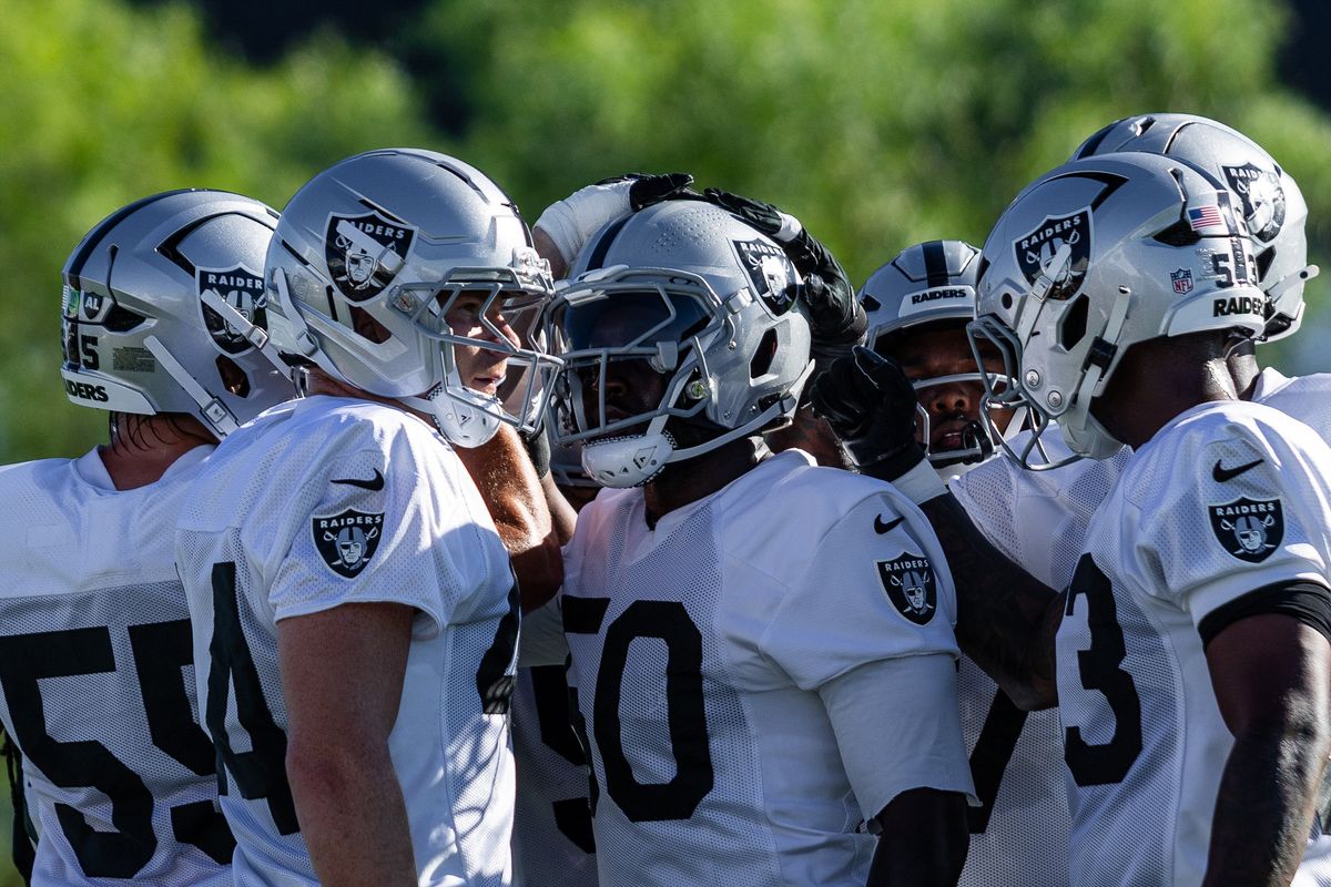 Las Vegas Raiders defensive line break down a huddle after finishing a drill during Raiders Training Camp at Intermountain Health Performance Center, Friday July 31, 2026 in Henderson, Nev. Las Vegas Raiders defensive line break down a huddle after finishing a drill during Raiders Training Camp at Intermountain Health Performance Center, Friday July 31, 2026 in Henderson, Nev.