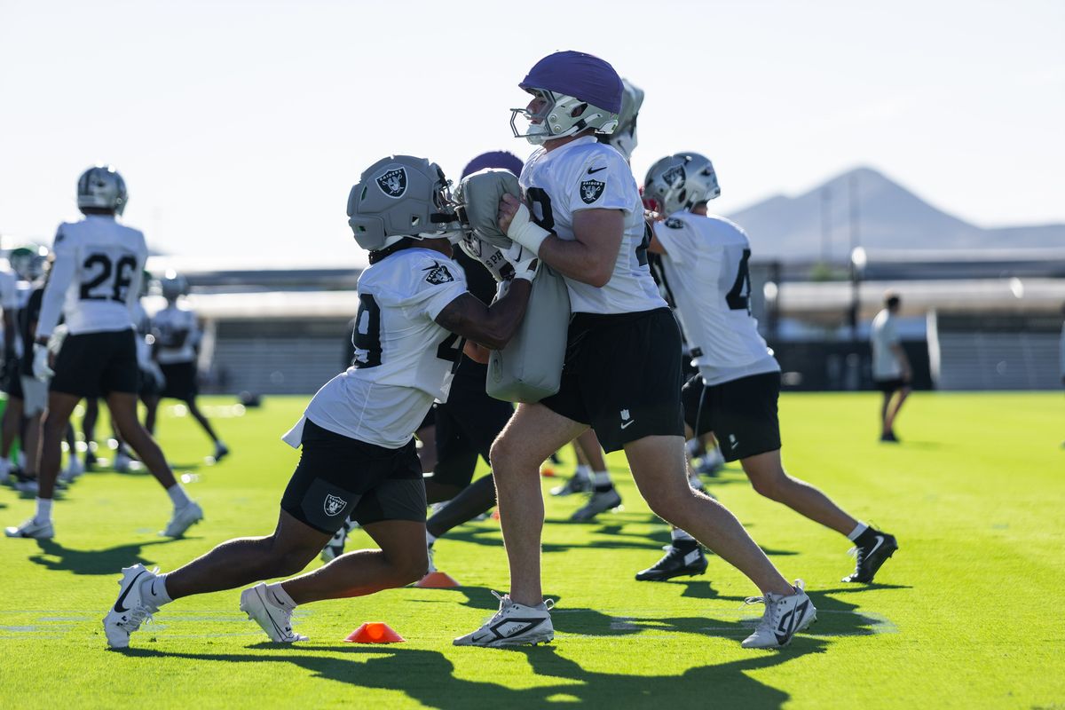Las Vegas Raiders safety Devyn Perkins (49) participates in a special teams drill during Raiders Training Camp at Intermountain Health Performance Center, Friday July 31, 2026 in Henderson, Nev. Las Vegas Raiders safety Devyn Perkins (49) participates in a special teams drill during Raiders Training Camp at Intermountain Health Performance Center, Friday July 31, 2026 in Henderson, Nev.