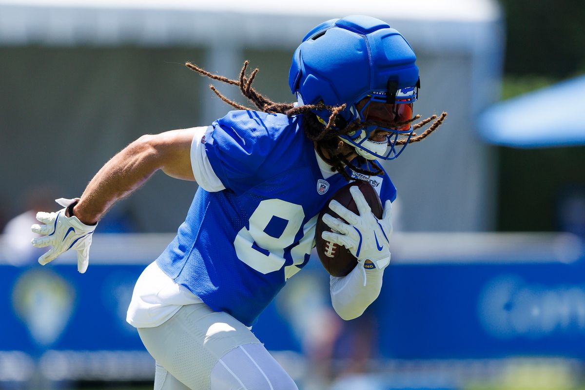 Jordan Whittington #88 of the Los Angeles Rams runs after the catch during training camp at Loyola Marymount University on July 29, 2026 in Los Angeles, California. Jordan Whittington #88 of the Los Angeles Rams runs after the catch during training camp at Loyola Marymount University on July 29, 2026 in Los Angeles, California.