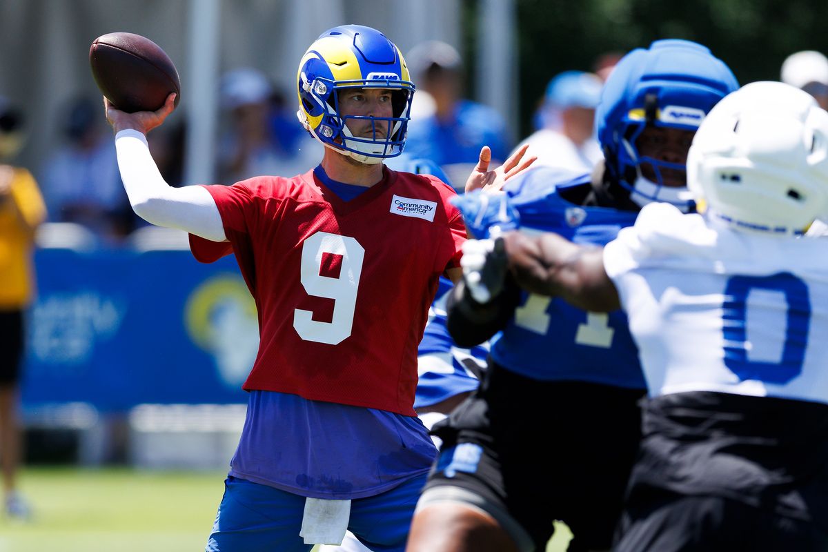 Matthew Stafford #9 of the Los Angeles Rams throws during training camp at Loyola Marymount University on July 29, 2026 in Los Angeles, California. Matthew Stafford #9 of the Los Angeles Rams throws during training camp at Loyola Marymount University on July 29, 2026 in Los Angeles, California.
