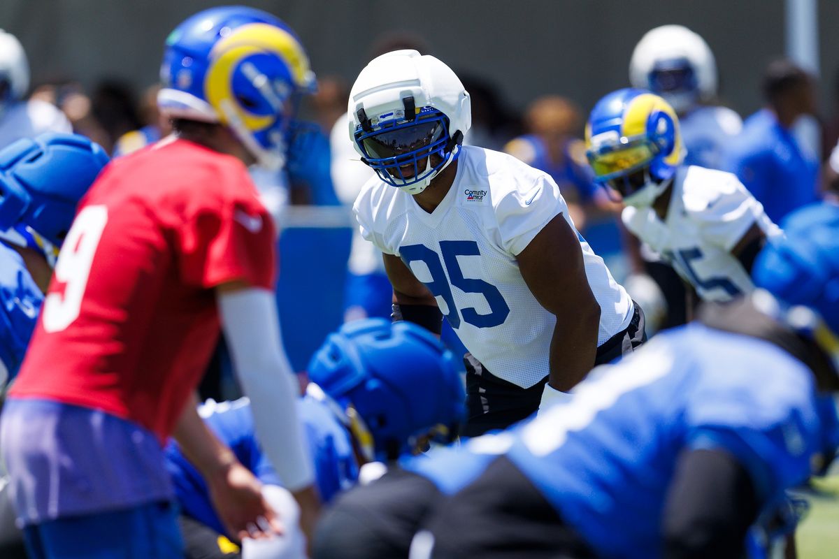 Myles Garrett #95 of the Los Angeles Rams in a ready stance during training camp at Loyola Marymount University on July 29, 2026 in Los Angeles, California. Myles Garrett #95 of the Los Angeles Rams in a ready stance during training camp at Loyola Marymount University on July 29, 2026 in Los Angeles, California.