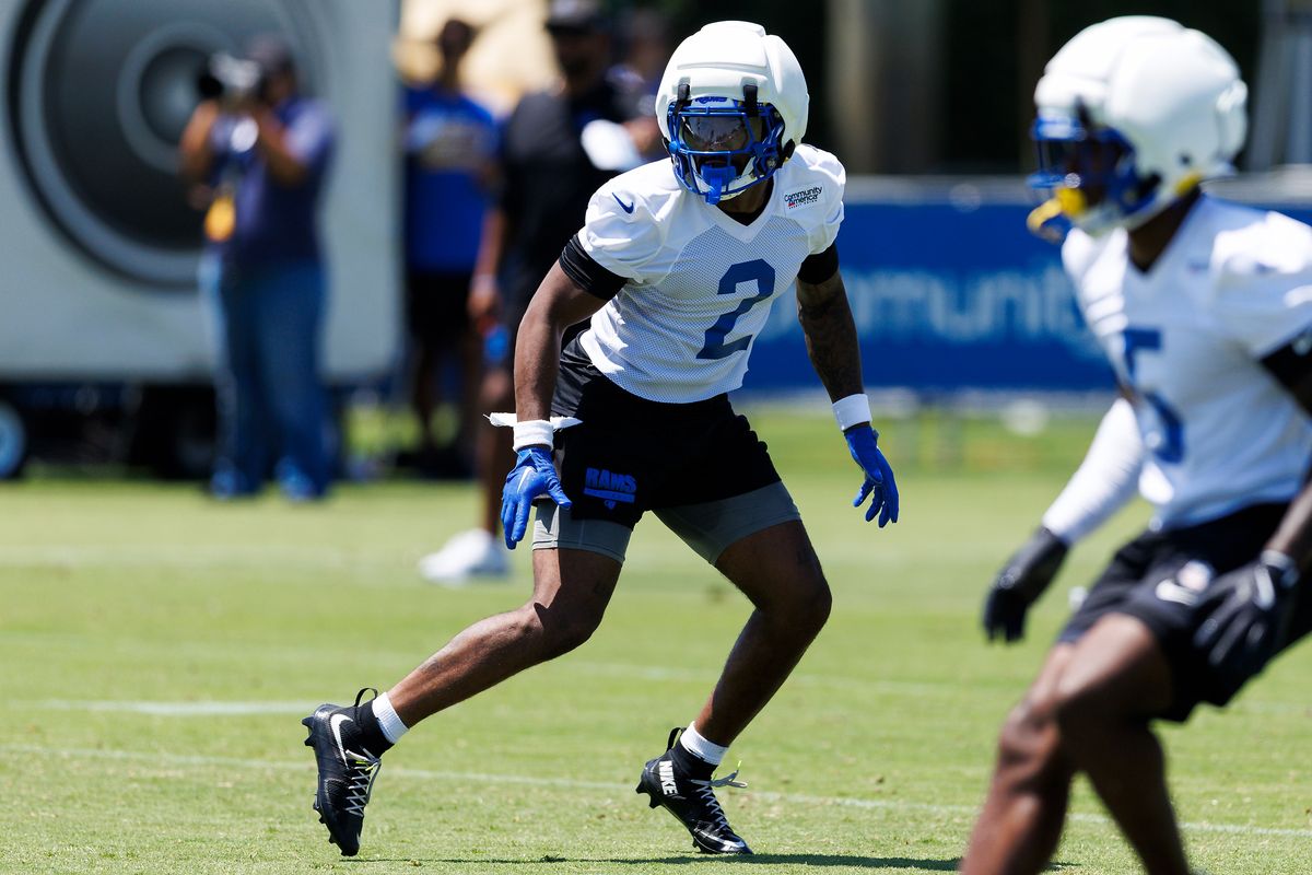 Jaylen McCollough #2 of the Los Angeles Rams defends in coverage during training camp at Loyola Marymount University on July 29, 2026 in Los Angeles, California. Jaylen McCollough #2 of the Los Angeles Rams defends in coverage during training camp at Loyola Marymount University on July 29, 2026 in Los Angeles, California.