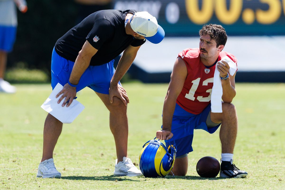 Dave Ragone of the Los Angeles Rams talks with Stetson Bennett IV #13 of the Los Angeles Rams during training camp at Loyola Marymount University on July 29, 2026 in Los Angeles, California. Dave Ragone of the Los Angeles Rams talks with Stetson Bennett IV #13 of the Los Angeles Rams during training camp at Loyola Marymount University on July 29, 2026 in Los Angeles, California.