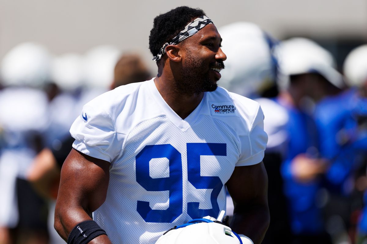 Myles Garrett #95 of the Los Angeles Rams during training camp at Loyola Marymount University on July 29, 2026 in Los Angeles, California. Myles Garrett #95 of the Los Angeles Rams during training camp at Loyola Marymount University on July 29, 2026 in Los Angeles, California.