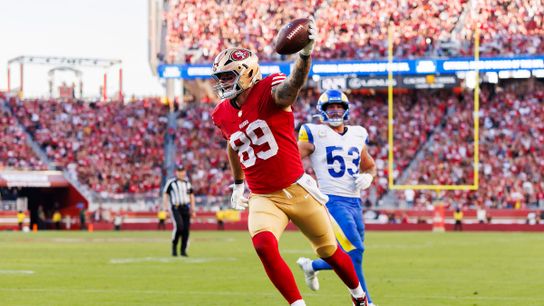 Luke Farrell #89 of the San Francisco 49ers celebrates a touchdown during the game against the Los Angeles Rams at Levi’s Stadium on November 9, 2025 in Santa Clara, California. 
