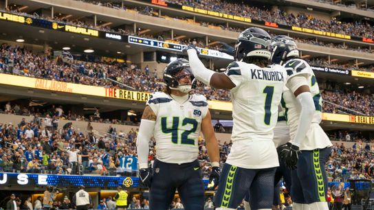Seattle Seahawks linebacker, Drake Thomas (42) celebrates a turnover during an NFL football game against the Los Angeles Rams on November 16, 2025 in Los Angeles, CA.