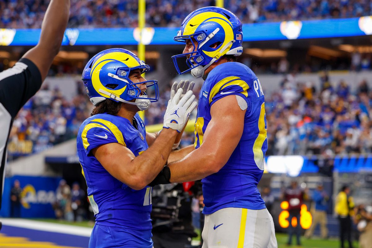 Los Angeles Rams wide receiver Puka Nacua (12) celebrates in the end zone with Los Angeles Rams tight end Colby Parkinson (84) during a NFL game against the Detroit Lions on December 15, 2025 at Sofi Stadium in Inglewood, CA. Los Angeles Rams wide receiver Puka Nacua (12) celebrates in the end zone with Los Angeles Rams tight end Colby Parkinson (84) during a NFL game against the Detroit Lions on December 15, 2025 at Sofi Stadium in Inglewood, CA.
