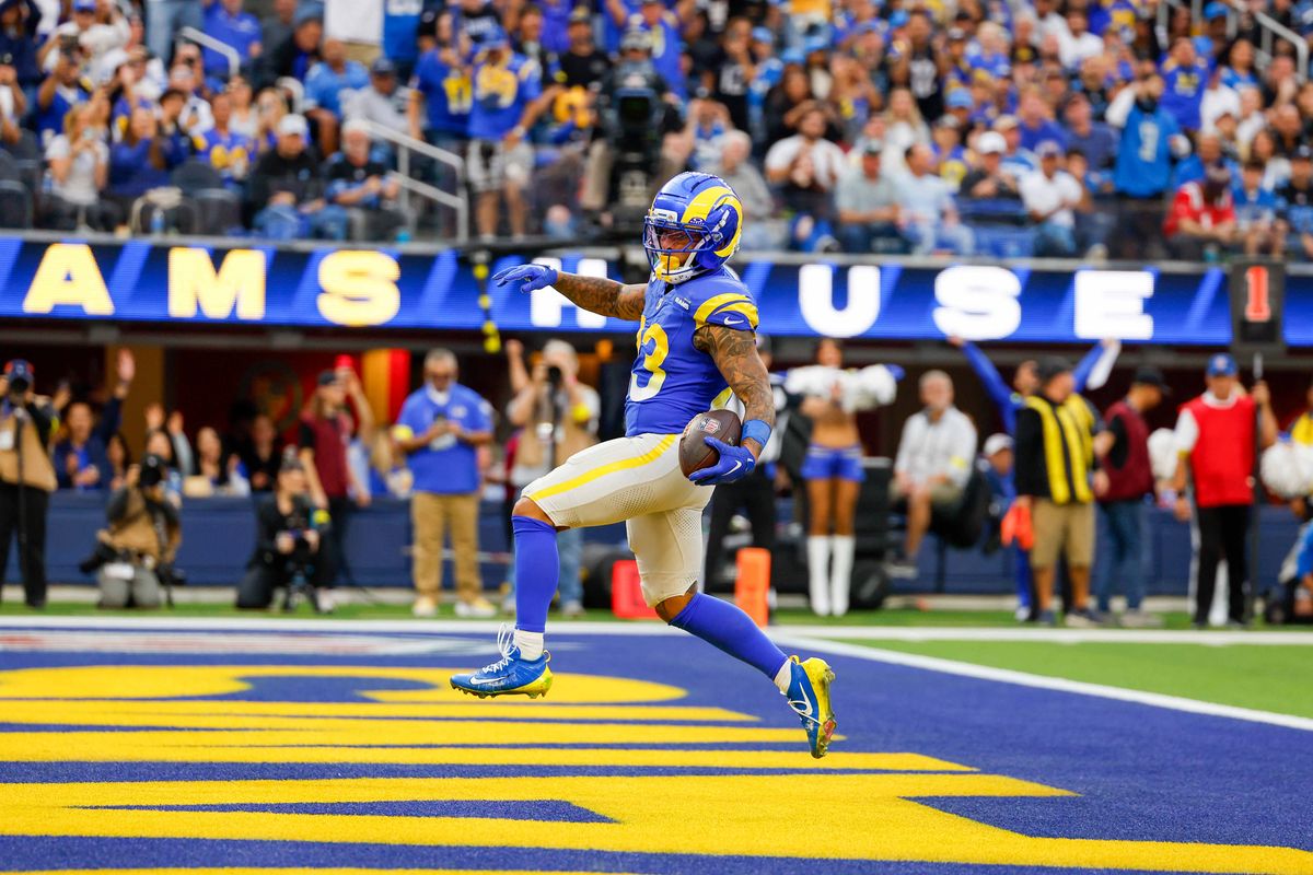 Los Angeles Rams running back Kyren Williams (23) runs the ball for a touchdown during a NFL game against the Detroit Lions on December 15, 2025 at Sofi Stadium in Inglewood, CA. Los Angeles Rams running back Kyren Williams (23) runs the ball for a touchdown during a NFL game against the Detroit Lions on December 15, 2025 at Sofi Stadium in Inglewood, CA.