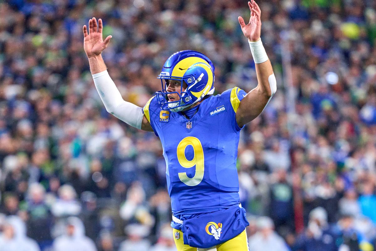 Los Angeles Rams quarterback Matthew Stafford (9) celebrates after a play during an NFL football game against the Seattle Seahawks, on Thursday December 18, 2025 in Seattle, Washington. Los Angeles Rams quarterback Matthew Stafford (9) celebrates after a play during an NFL football game against the Seattle Seahawks, on Thursday December 18, 2025 in Seattle, Washington.