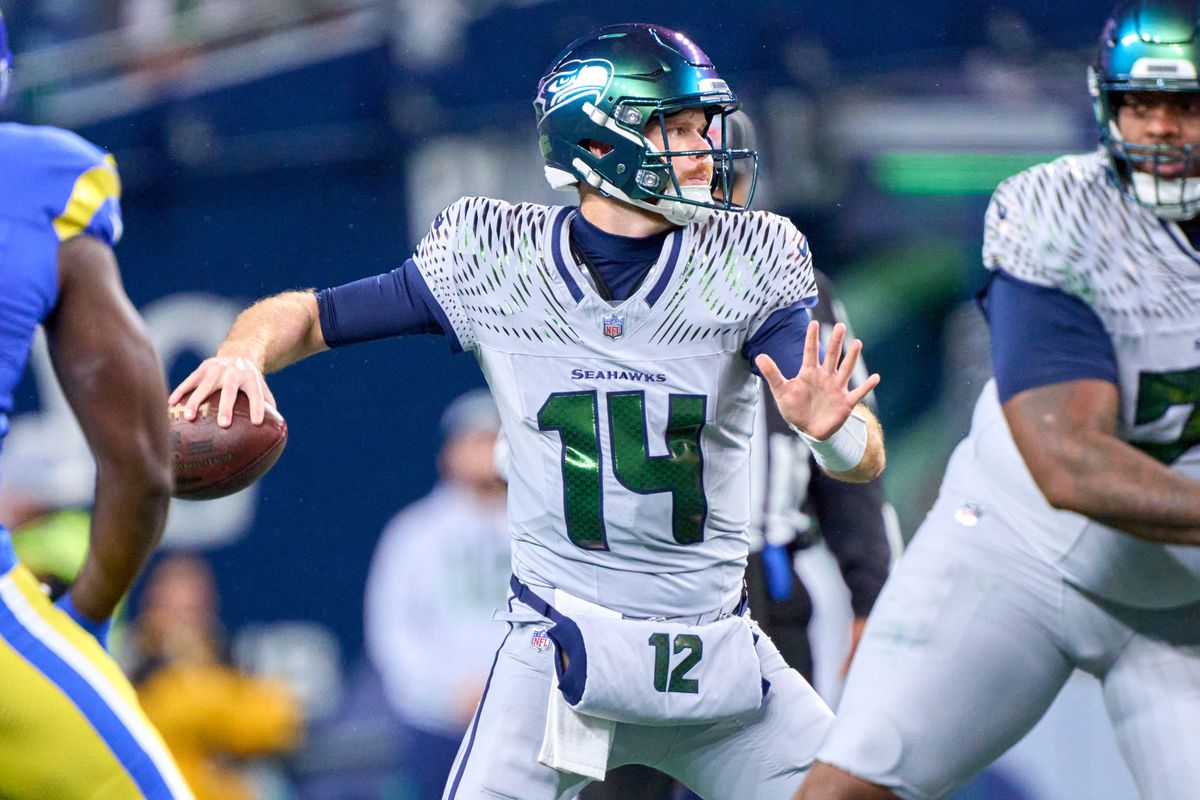 Seattle Seahawks quarterback Sam Darnold (14) throws the football during an NFL football game against the Los Angeles Rams, on Thursday December 18, 2025 in Seattle, Washington. Seattle Seahawks quarterback Sam Darnold (14) throws the football during an NFL football game against the Los Angeles Rams, on Thursday December 18, 2025 in Seattle, Washington.