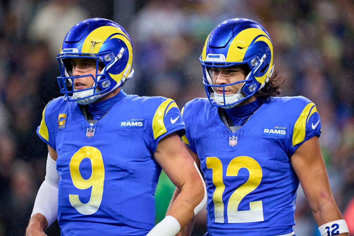 Los Angeles Rams quarterback Matthew Stafford (9) and wide receiver Puka Nacua (12) look on during an NFL football game against the Seattle Seahawks, on Thursday December 18, 2025 in Seattle, Washington. Los Angeles Rams quarterback Matthew Stafford (9) and wide receiver Puka Nacua (12) look on during an NFL football game against the Seattle Seahawks, on Thursday December 18, 2025 in Seattle, Washington.