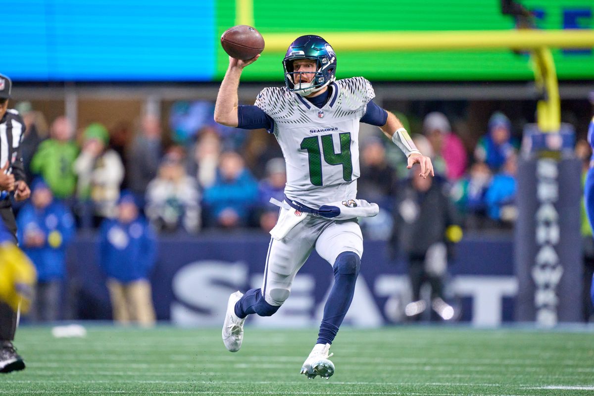 Seattle Seahawks quarterback Sam Darnold (14) throws the football during an NFL football game against the Los Angeles Rams, on Thursday December 18, 2025 in Seattle, Washington. Seattle Seahawks quarterback Sam Darnold (14) throws the football during an NFL football game against the Los Angeles Rams, on Thursday December 18, 2025 in Seattle, Washington.