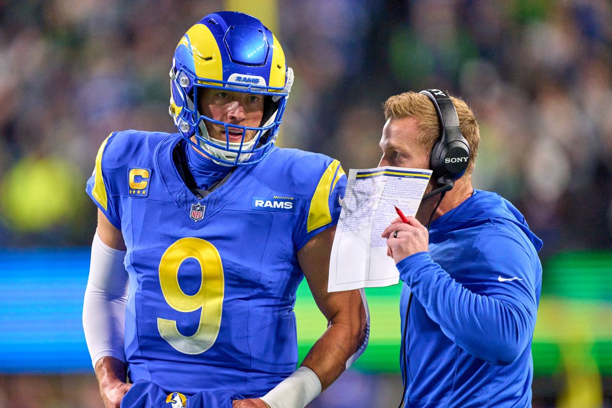 Los Angeles Rams quarterback Matthew Stafford (9) talks with head coach Sean McVay during an NFL football game against the Seattle Seahawks, on Thursday December 18, 2025 in Seattle, Washington. Los Angeles Rams quarterback Matthew Stafford (9) talks with head coach Sean McVay during an NFL football game against the Seattle Seahawks, on Thursday December 18, 2025 in Seattle, Washington.