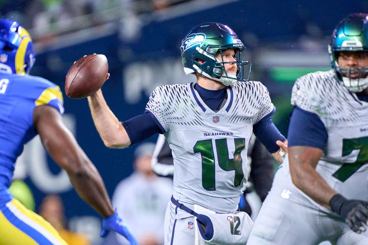 Seattle Seahawks quarterback Sam Darnold (14) throws the football during an NFL football game against the Los Angeles Rams, on Thursday December 18, 2025 in Seattle, Washington. Seattle Seahawks quarterback Sam Darnold (14) throws the football during an NFL football game against the Los Angeles Rams, on Thursday December 18, 2025 in Seattle, Washington.