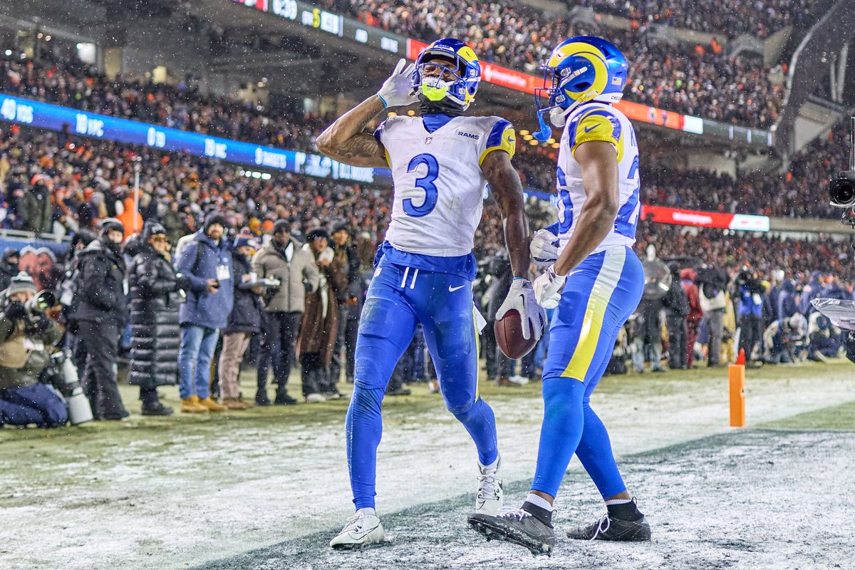 Los Angeles Rams safety Kam Curl #3 celebrates with teammates after making an interception in the fourth quarter during a NFL Divisional football game against the Chicago Bears, on Sunday, January 18, 2026 in Chicago, Illinois. Los Angeles Rams safety Kam Curl #3 celebrates with teammates after making an interception in the fourth quarter during a NFL Divisional football game against the Chicago Bears, on Sunday, January 18, 2026 in Chicago, Illinois.