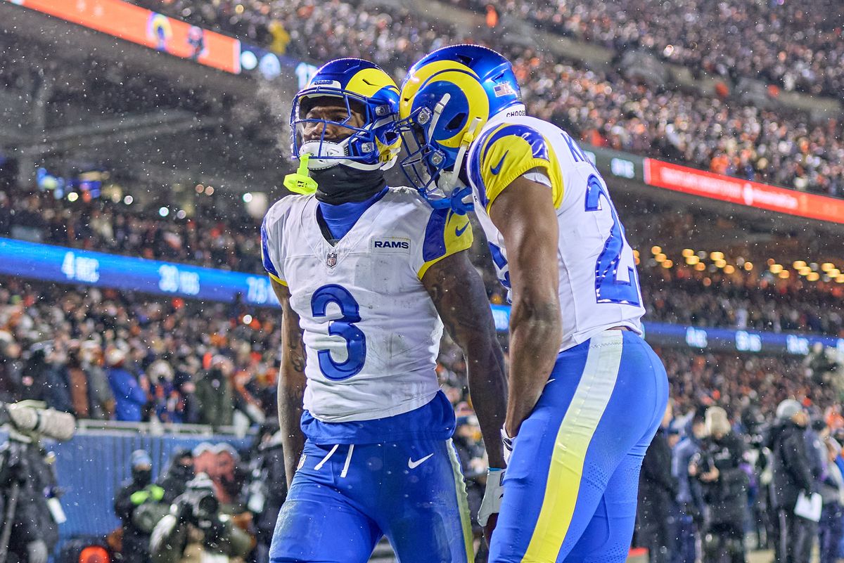 Los Angeles Rams safety Kam Curl #3 celebrates with teammates after making an interception in the fourth quarter during a NFL Divisional football game against the Chicago Bears, on Sunday, January 18, 2026 in Chicago, Illinois. Los Angeles Rams safety Kam Curl #3 celebrates with teammates after making an interception in the fourth quarter during a NFL Divisional football game against the Chicago Bears, on Sunday, January 18, 2026 in Chicago, Illinois.
