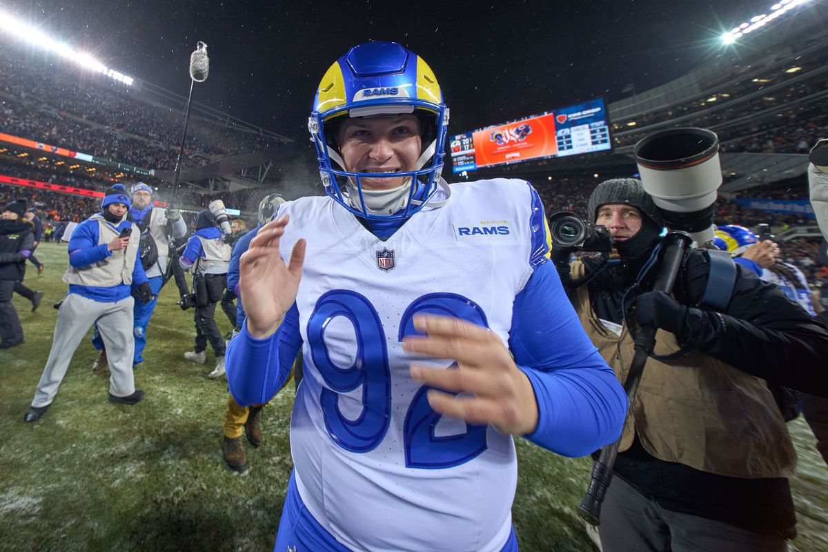 Los Angeles Rams safety Kam Curl #3 celebrates with teammates after making an interception in the fourth quarter during a NFL Divisional football game against the Chicago Bears, on Sunday, January 18, 2026 in Chicago, Illinois. Los Angeles Rams safety Kam Curl #3 celebrates with teammates after making an interception in the fourth quarter during a NFL Divisional football game against the Chicago Bears, on Sunday, January 18, 2026 in Chicago, Illinois.