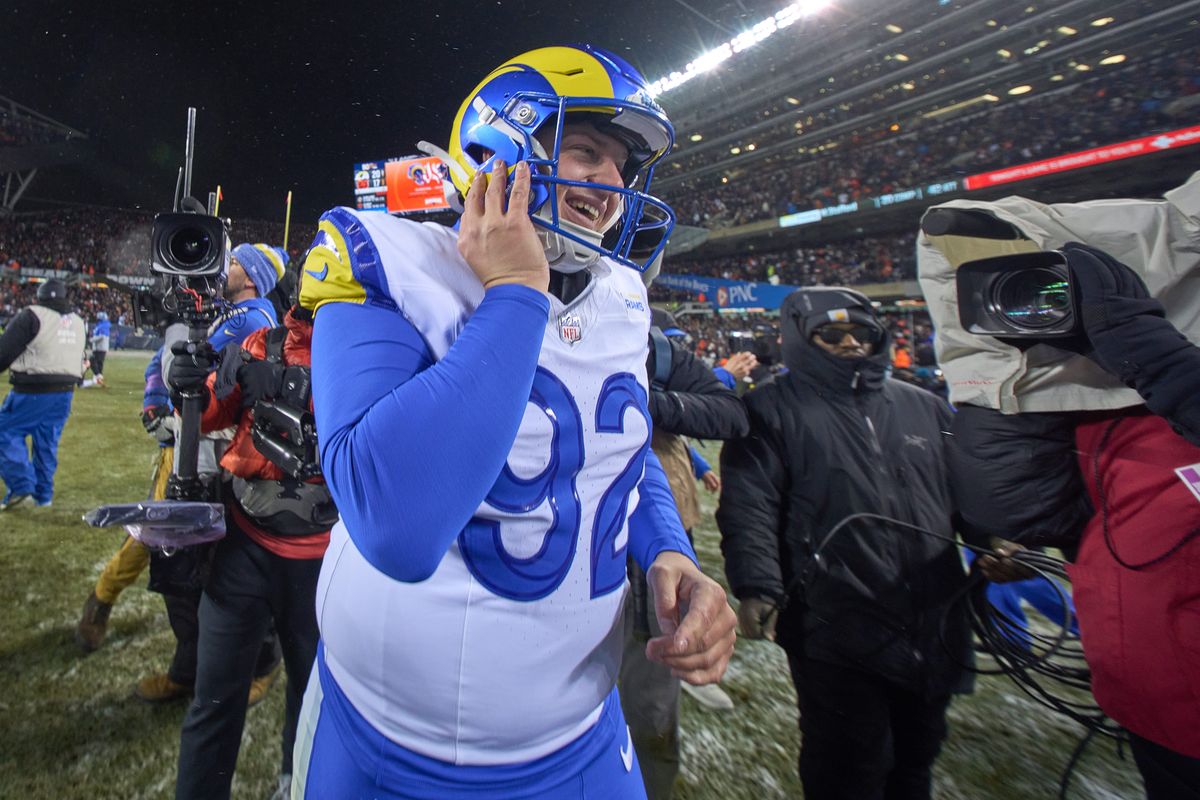 Los Angeles Rams safety Kam Curl #3 celebrates with teammates after making an interception in the fourth quarter during a NFL Divisional football game against the Chicago Bears, on Sunday, January 18, 2026 in Chicago, Illinois. Los Angeles Rams safety Kam Curl #3 celebrates with teammates after making an interception in the fourth quarter during a NFL Divisional football game against the Chicago Bears, on Sunday, January 18, 2026 in Chicago, Illinois.