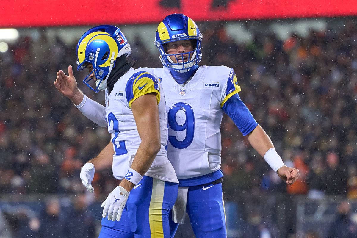 Los Angeles Rams quarterback Matthew Stafford #9 celebrates with Los Angeles Rams wide receiver Puka Nacua #12 after a touchdown was scored by Los Angeles Rams running back Kyren Williams #23 during an NFL Divisional football game against the Chicago Bears, on Sunday, January 18, 2026 in Chicago, Illinois. Los Angeles Rams quarterback Matthew Stafford #9 celebrates with Los Angeles Rams wide receiver Puka Nacua #12 after a touchdown was scored by Los Angeles Rams running back Kyren Williams #23 during an NFL Divisional football game against the Chicago Bears, on Sunday, January 18, 2026 in Chicago, Illinois.