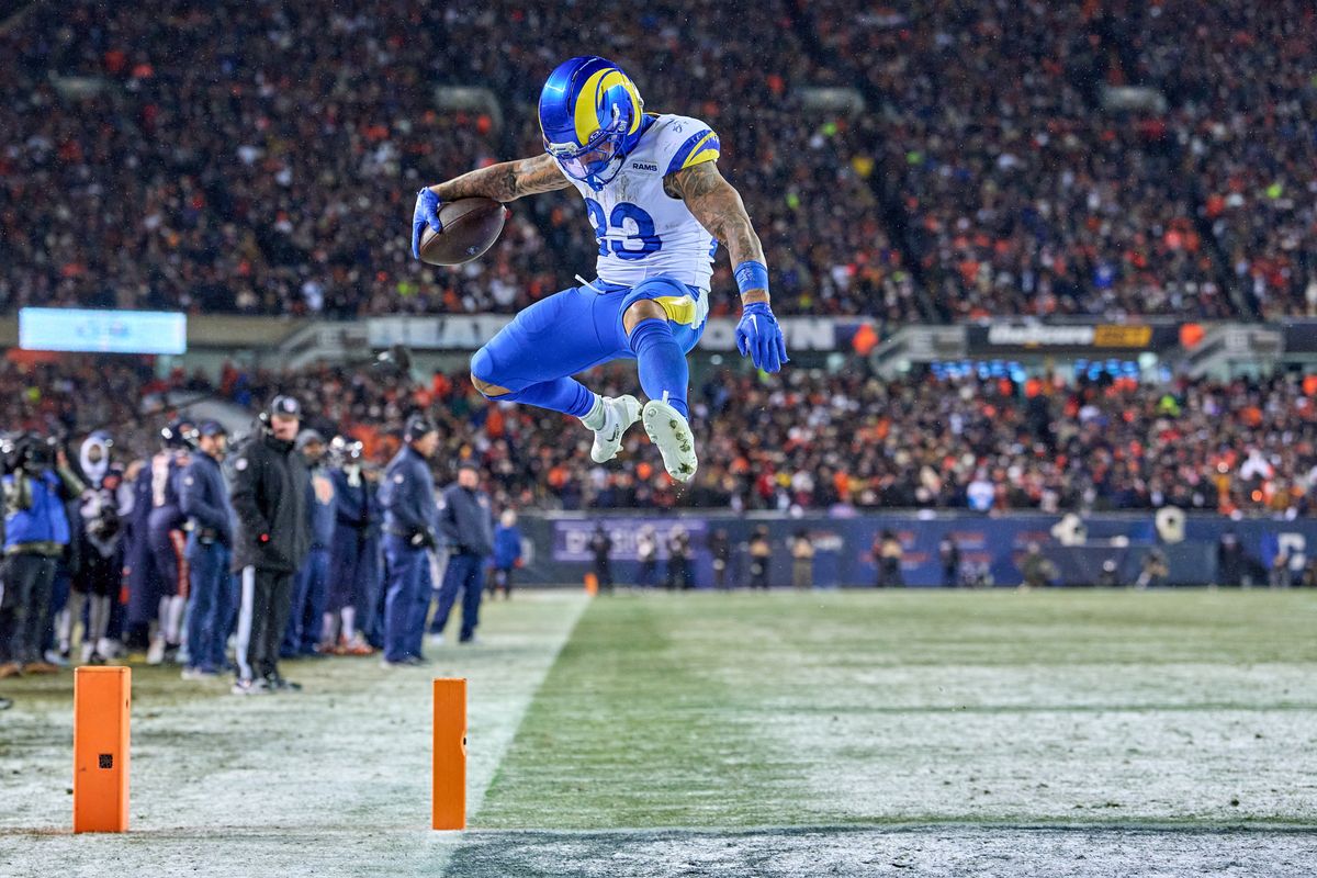 Los Angeles Rams running back Kyren Williams #23 celebrates with teammates after scoring a touchdown in the fourth quarter during an NFL Divisional football game against the Chicago Bears, on Sunday, January 18, 2026 in Chicago, Illinois. Los Angeles Rams running back Kyren Williams #23 celebrates with teammates after scoring a touchdown in the fourth quarter during an NFL Divisional football game against the Chicago Bears, on Sunday, January 18, 2026 in Chicago, Illinois.