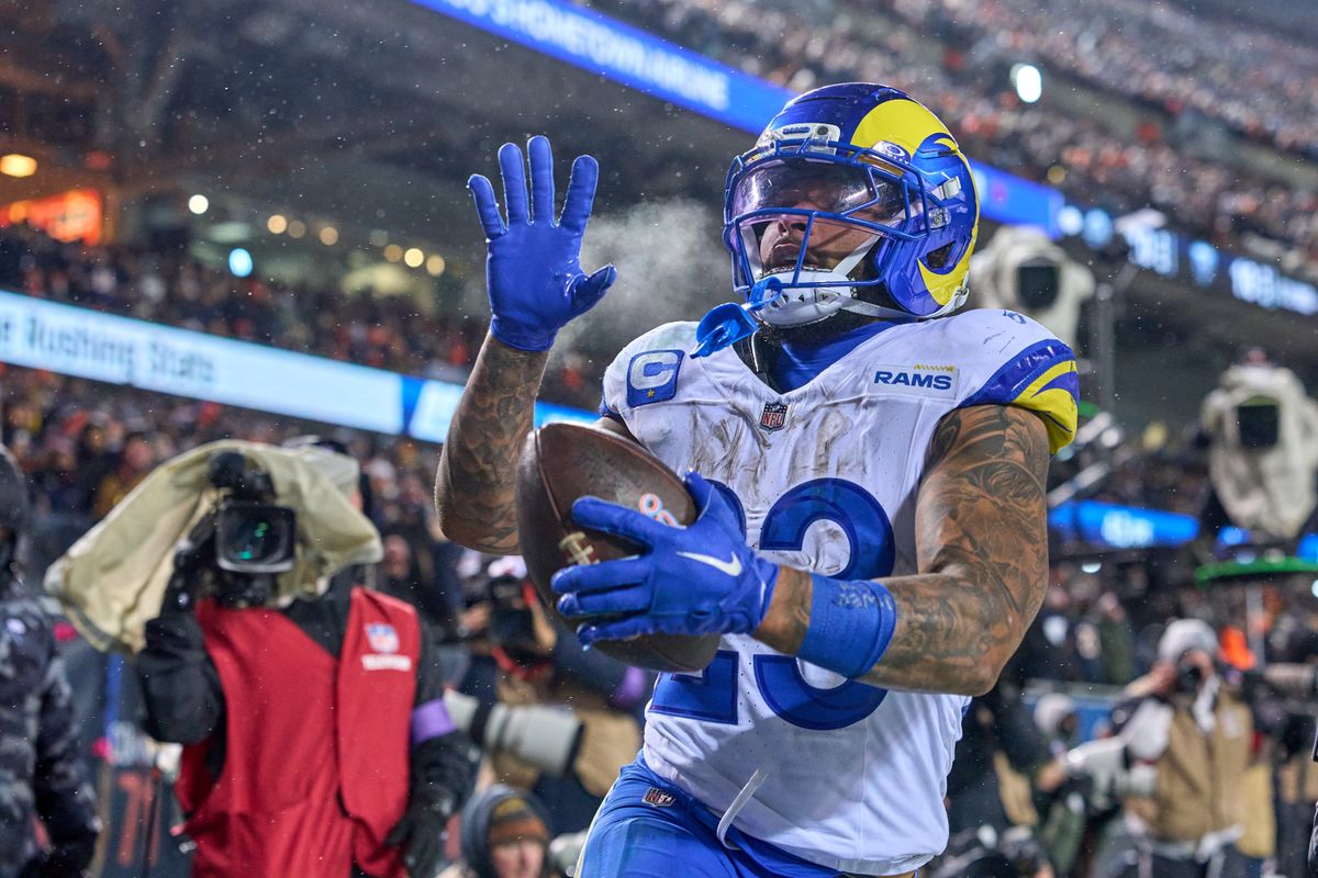 Los Angeles Rams running back Kyren Williams #23 celebrates with teammates after scoring a touchdown in the fourth quarter during an NFL Divisional football game against the Chicago Bears, on Sunday, January 18, 2026 in Chicago, Illinois. Los Angeles Rams running back Kyren Williams #23 celebrates with teammates after scoring a touchdown in the fourth quarter during an NFL Divisional football game against the Chicago Bears, on Sunday, January 18, 2026 in Chicago, Illinois.