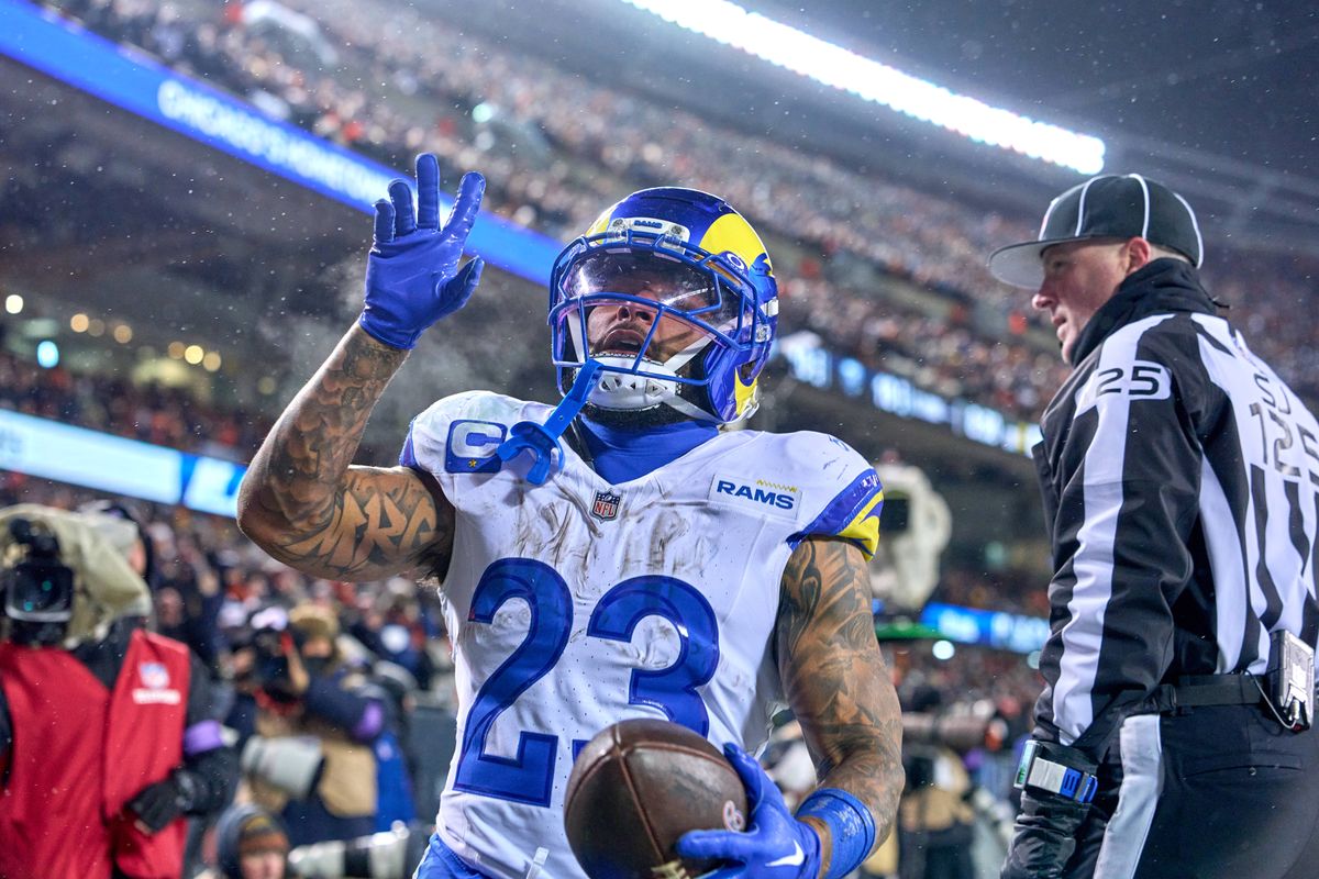 Los Angeles Rams running back Kyren Williams #23 celebrates with teammates after scoring a touchdown in the fourth quarter during an NFL Divisional football game against the Chicago Bears, on Sunday, January 18, 2026 in Chicago, Illinois. Los Angeles Rams running back Kyren Williams #23 celebrates with teammates after scoring a touchdown in the fourth quarter during an NFL Divisional football game against the Chicago Bears, on Sunday, January 18, 2026 in Chicago, Illinois.