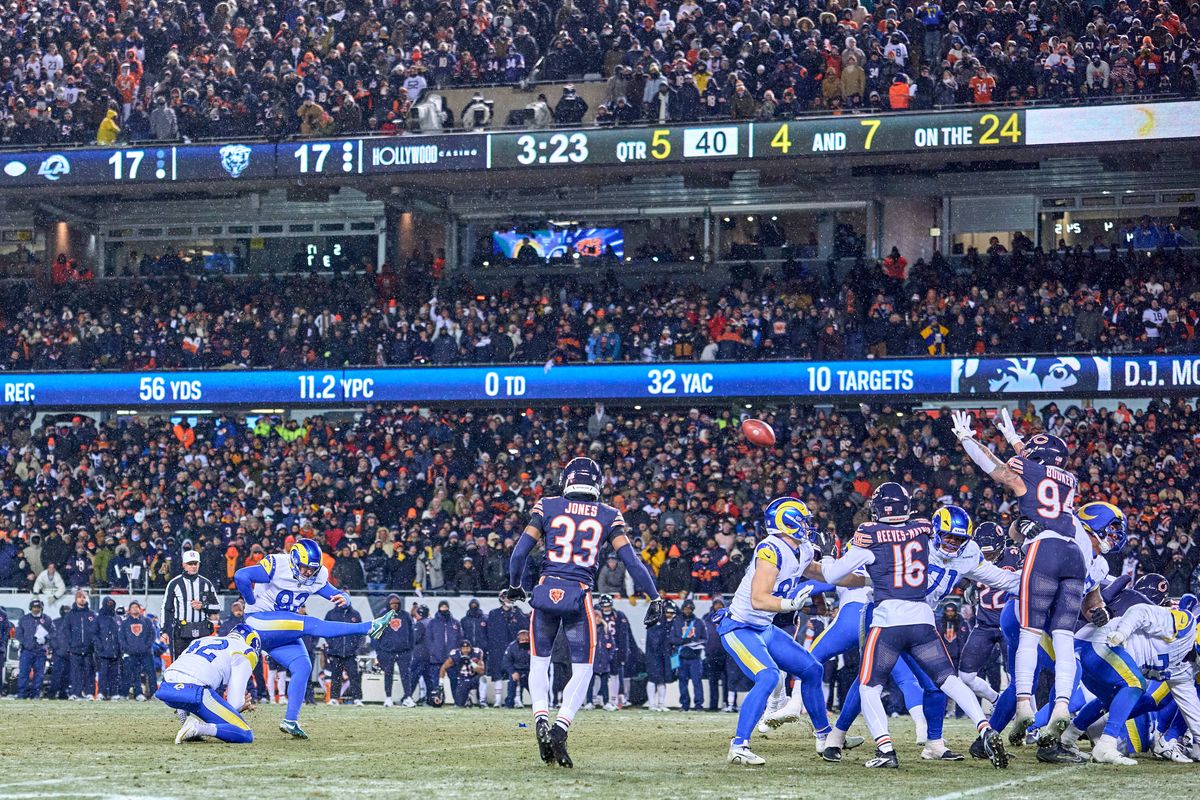 Los Angeles Rams place kicker Harrison Mevis #92 celebrates kicking the winning field goal in overtime after an NFL Divisional football game against the Chicago Bears, on Sunday, January 18, 2026 in Chicago, Illinois. Los Angeles Rams place kicker Harrison Mevis #92 celebrates kicking the winning field goal in overtime after an NFL Divisional football game against the Chicago Bears, on Sunday, January 18, 2026 in Chicago, Illinois.
